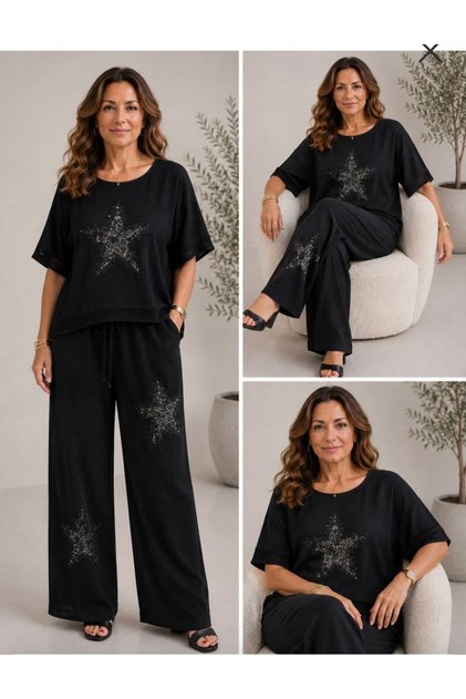 Star Embroidery Linen Pants Blouse Set 38-48