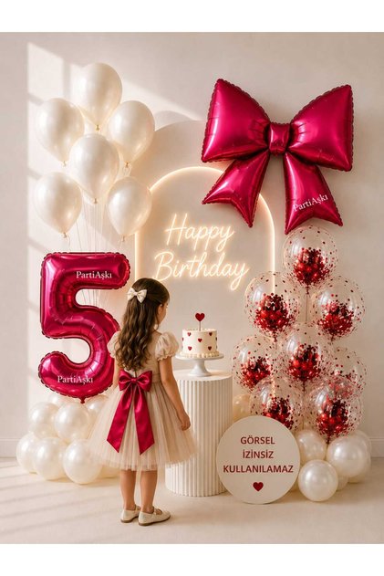 Kırmızı Renkli Kız Çocuk Doğum Günü Konsepti-Rakam Folyo Balon-Fiyonk Folyo Balon-25 Adt Lateks Balon-Kırmızı Pul