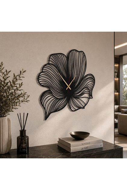Çiçek Modern Metal Duvar Saati, Dekoratif Lazer Kesim Sessiz Duvar Saati 60x60
