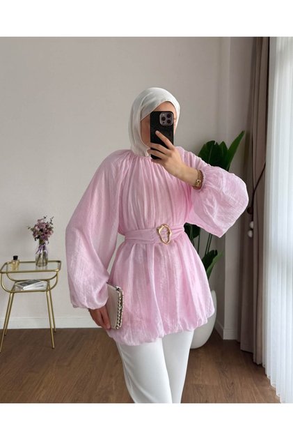 Kadın Balon Kol Bubble Kemerli Tunik - Pembe