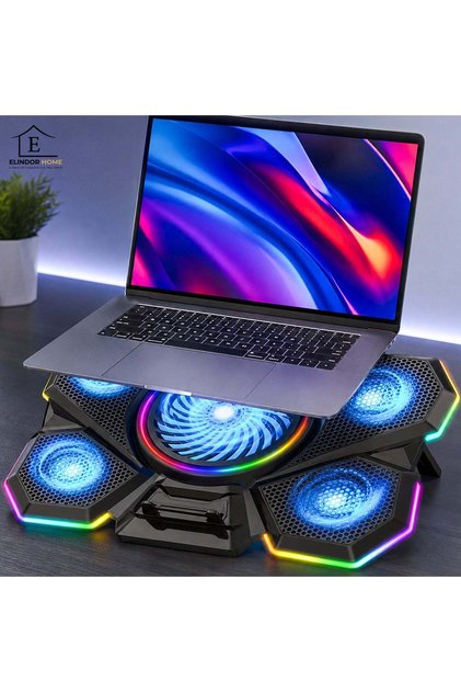 Cooler pentru laptop de gaming RGB Elindor ® Suport reglabil pe 7 niveluri, de călătorie, 40.6 x 27.5 x 2.9 cm, Negru
