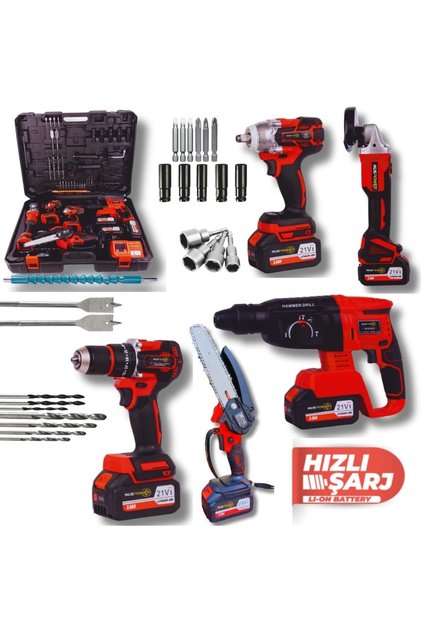5’li Profesyonel Akülü Set 21V – Kırıcı Hilti, Taşlama, Somun Sıkma, Vidalama ve Budama Makinesi