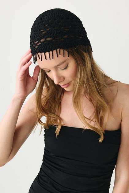 Beaded Fringe Detailed Summer Knitted Beanie Y8238 Black