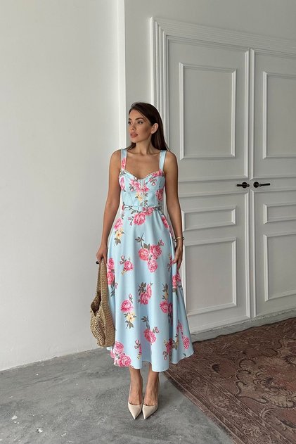 Spring Rose Patterned Midi Dress