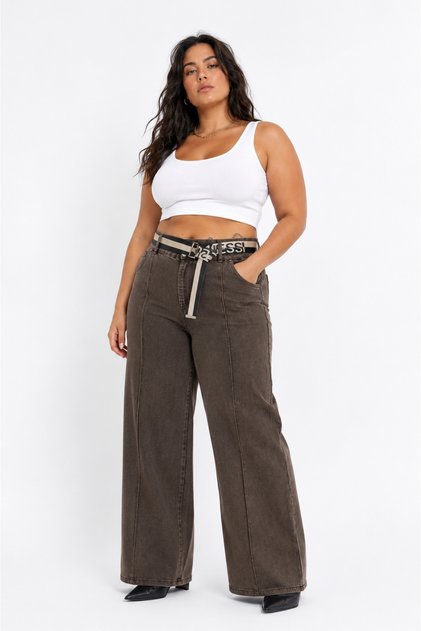 Plus Size Denim Belted High Waist Wide Leg Women's Trousers