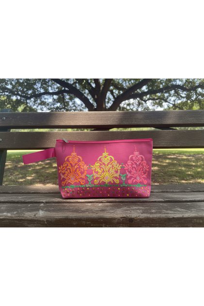 Pink Damask Hand-Painted Canvas Pouch
