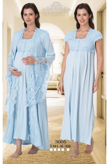 Maternity Lace Detailed Nightgown Set with Nursing Compartment and Dressing Gown
