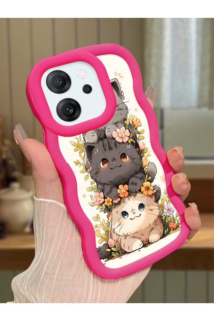 Oppo Reno 14F Compatible Case Camera Protector Red Silicone Couple Phone Case Cat Pattern