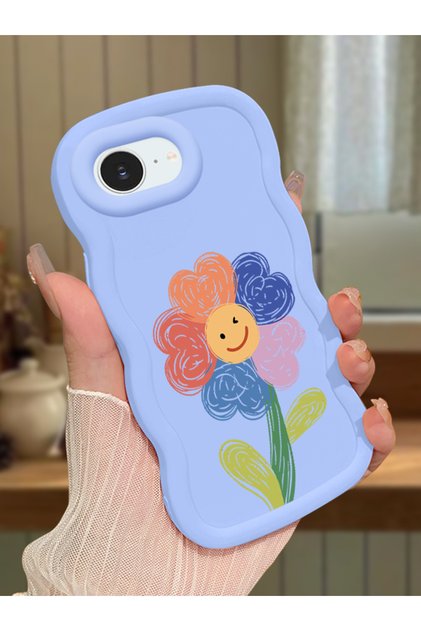 iPhone 16E Compatible Case Camera Protector Blue Silicone Couple Phone Case Floral Pattern