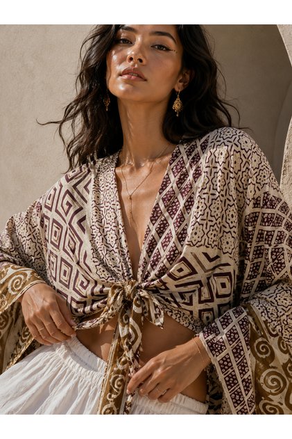 Ethnic Pattern Authentic Imported Silk Bolero-Double Breasted Bustier Std34-46