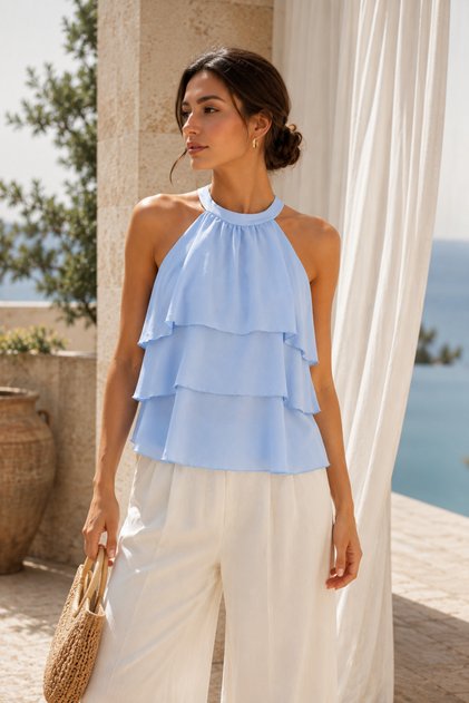 Women's Blue Layered Ruffled Halter Neck Blouse