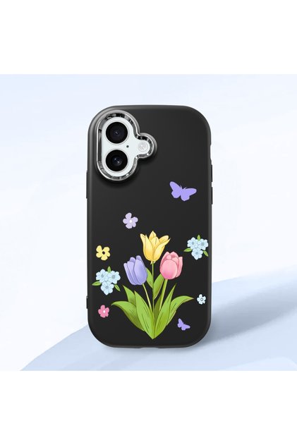 iPhone 16 Compatible Case with Camera Protection Black Silicone Couple Phone Case with Floral Pattern