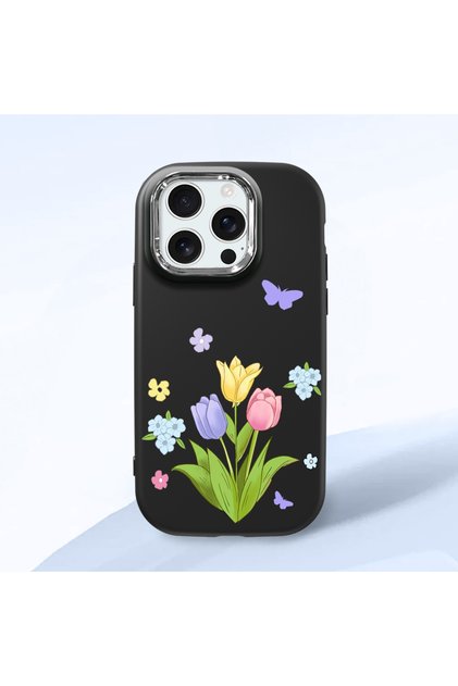 iPhone 16 Pro Max Compatible Case with Camera Protection Black Silicone Couple Phone Case with Floral Pattern