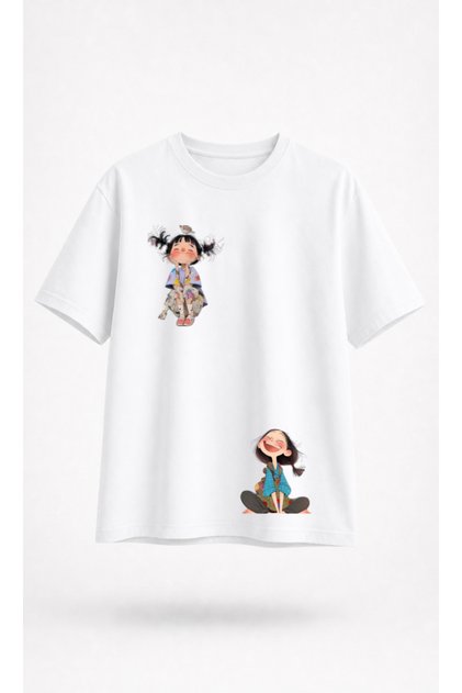 Cute Girl Illustration Printed Oversize White T-Shirt