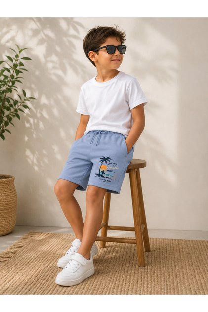 Palm Tree Patterned Boy's Shorts with 2 Pockets in Pike Fabric