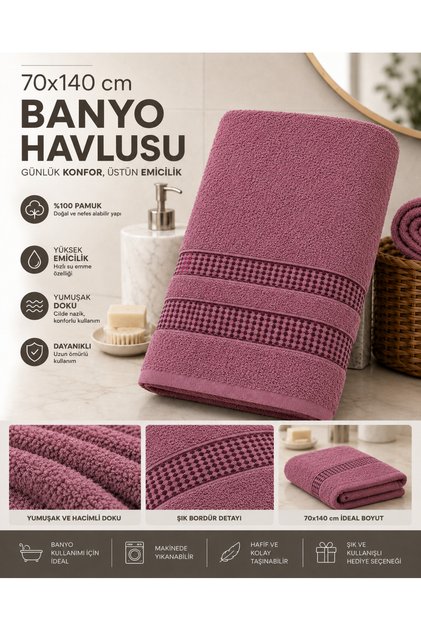 Gül Kurusu 70x140 cm Banyo Havlusu %100 Pamuk Yumuşak Dokulu Yüksek Emici Bordürlü Havlu