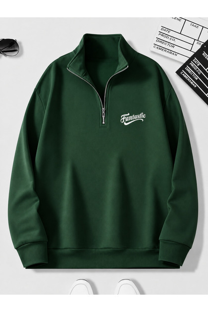 Men's Standing Collar Zippered Printed Comfortable Cut Sweatshirt