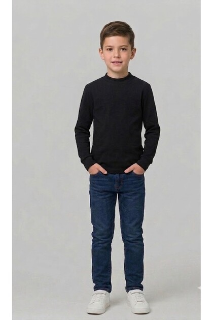 Boy's Black Long Sleeve Basic T-Shirt, 100% Cotton Woven Fabric