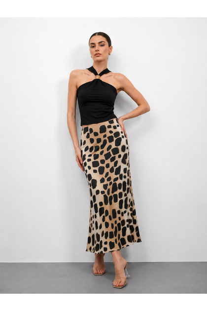 Women's Patterned High Waist Flared Satin Skirt