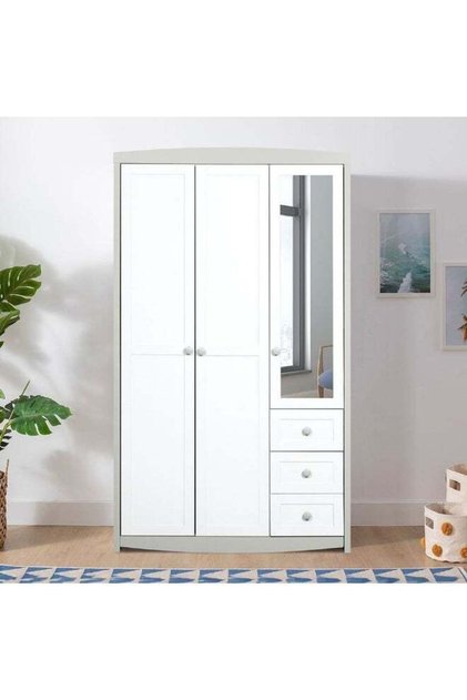 Hazel 3-Door Wardrobe With 3 Drawers And Mirror - Light Beige And White