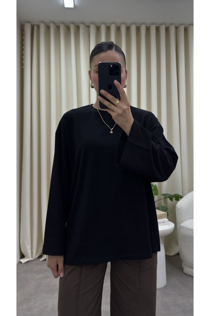 Oversize Bisiklet Yaka Geniş Uzun Kol Siyah Bluz
