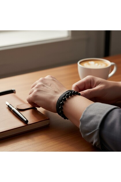 Black Braided Leather and Matte Onyx Natural Stone Combination Double Men's Bracelet Set