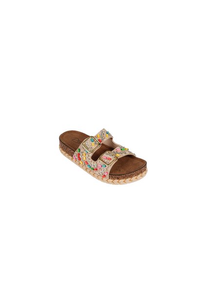 Women's Colorful Stone and Bead Embellished Double Buckle Straw Detailed Comfort Sole Slippers