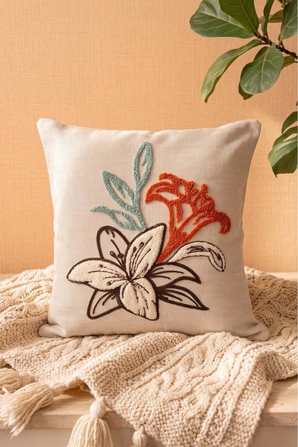 Brown Striped Lily Patterned Punch Decorative Throw Pillow Cover