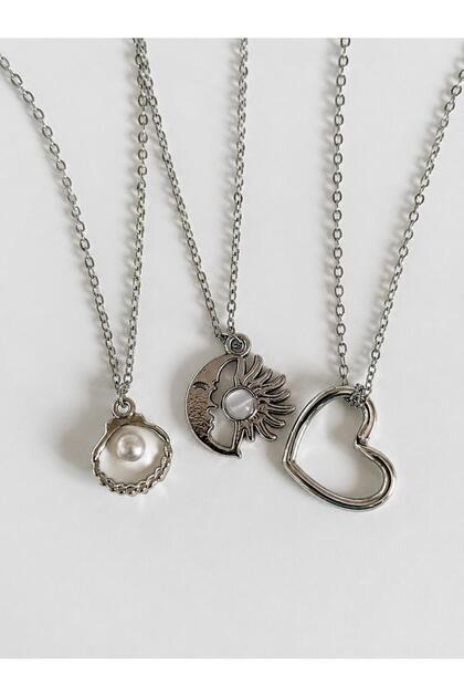 Gift Sea Shell&Moon Sun&Heart 3-Piece Steel Necklace