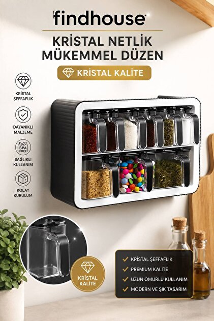findhouse Kendinden Yapışkanlı Kaliteli 9 Gözlü Kristal Baharatlık