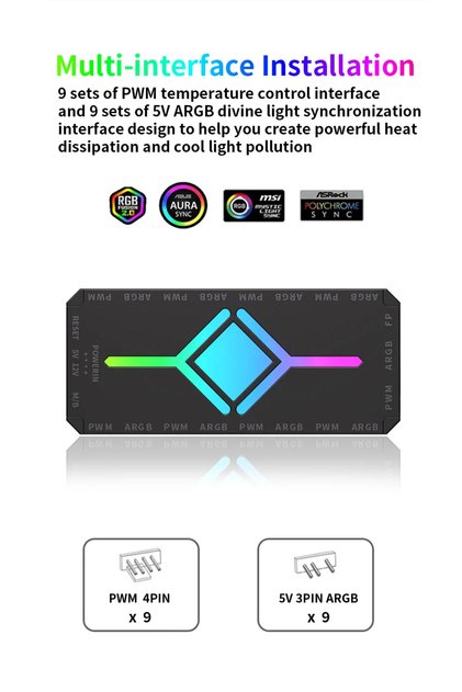 9+9 Port Pwm Argb Fan Controller | 5V 3 Pin Synchronous | 4 Pin Pwm | Wireless Controlled | Magnetic Fan Hub | Black