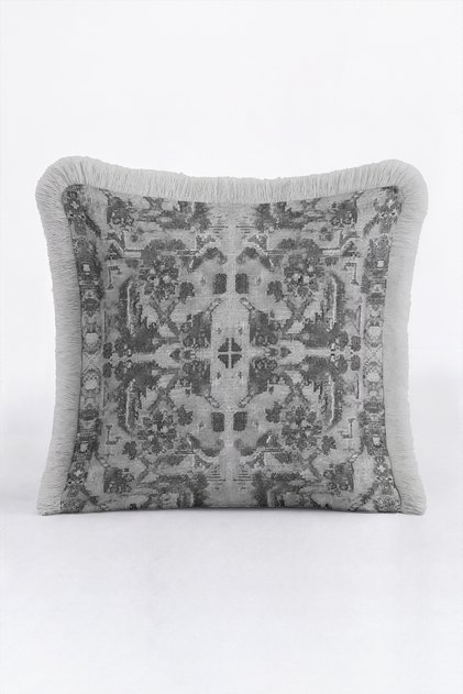 Damask Motif Fringed Pillowcase - Classic Ethnic Modern Anthracite Cream Tasseled Throw Pillow Cover