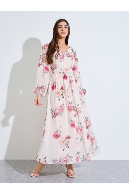 Floral Print Long Sleeves A-Line Maxi Dress