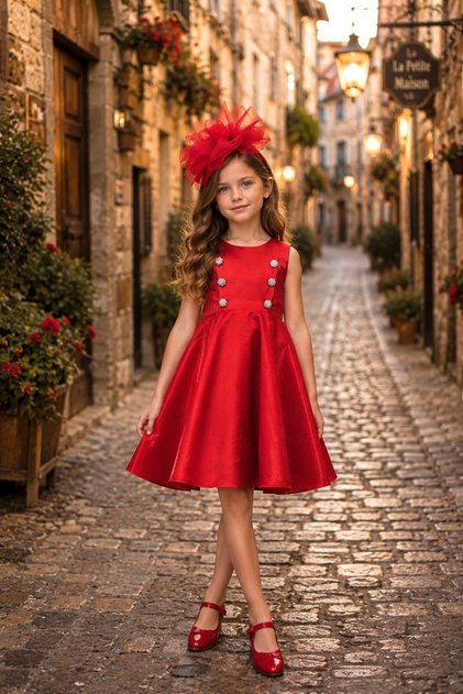 Buttoned, Accessorized, Girls' Evening Dress, Birthday and Party Dress