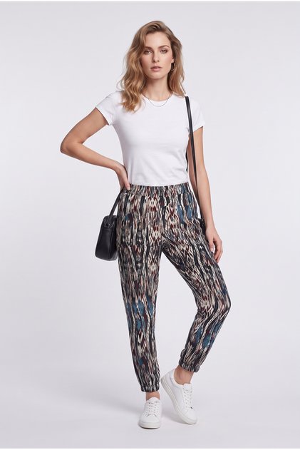 Women's Patterned Elastic Waist Tapered Leg Pocket Casual Trousers 19Y331903120