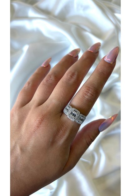 Women's Silver Color Stone Adjustable Row Baguette Ring