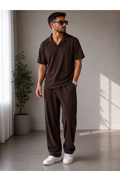 Trend Men's Brown Lycra Ottoman Patched T-Shirt Baggy Bottom Top Set