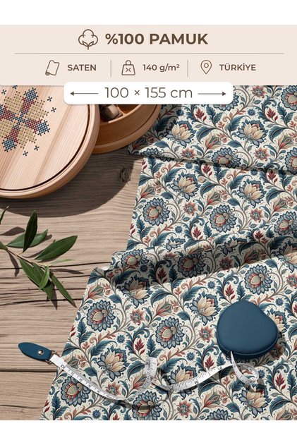 100% Cotton Satin Fabric 100X155 cm Cream Background Blue Floral Pattern Decorative Patchwork Fabric