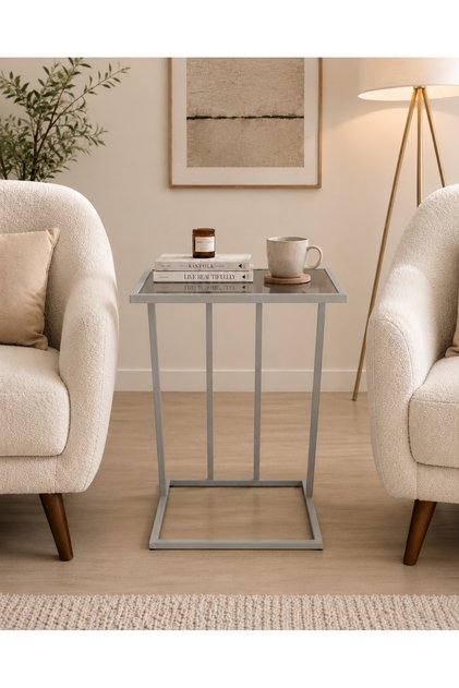 Nirvana Açık Gri Füme Cam Yan Sehpa C sehpa 50*40*60 Modern Sehpa