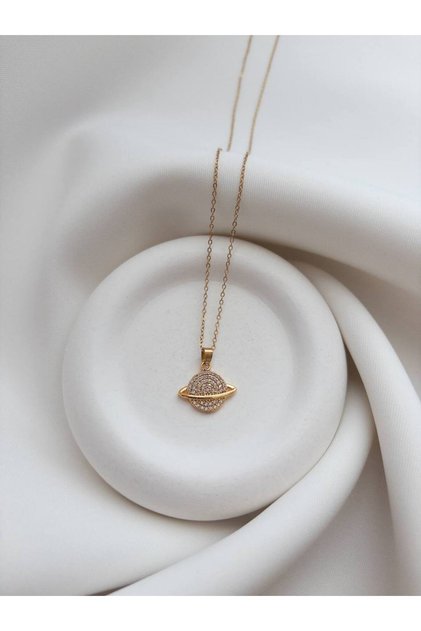 Planet Figured Zircon Stone Steel Gold Color Necklace - Ringed Planet Necklace (Saturn) Minimal Planet Necklace - Universe Themed Planet Necklace