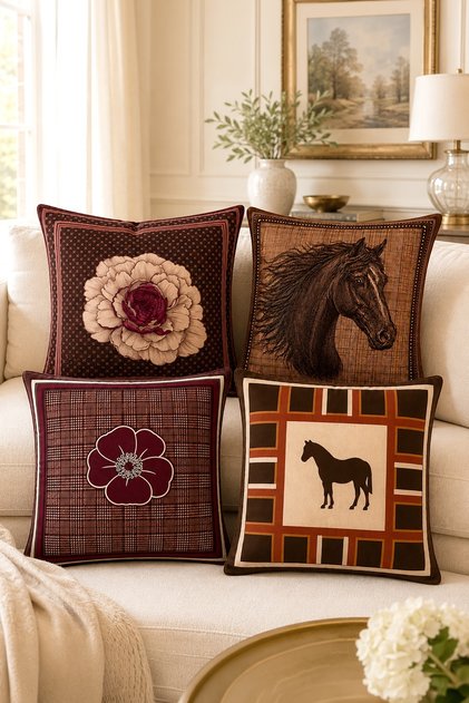 Set of 4 Cushion Covers with Drawing-Style Horses Pattern