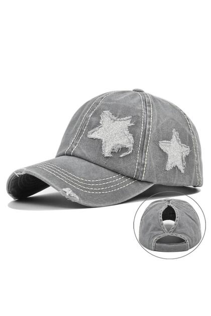 Vintage Star Embroidered Grey Hat Unisex Adjustable Cotton Baseball Cap Distressed Sports Hat