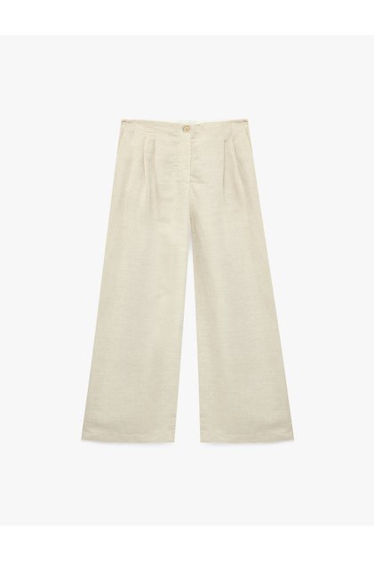 Linen Blend Pleated Detailed High Waist Wide Leg Palazzo Trousers with Pockets