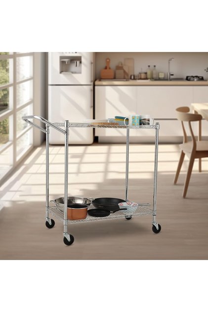 2-Tier Metal Rolling Utility Cart with Wheels, Chrome Steel Wire Storage Cart with Handle, Heavy Duty Mobile Organizer for Kitchen, Office, or Workshop Use