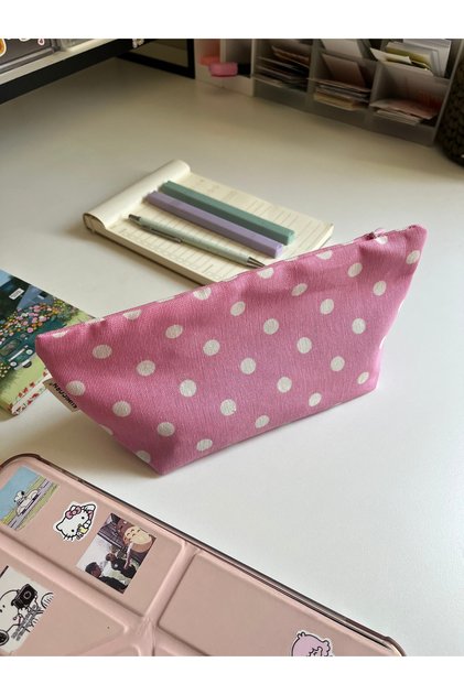 Pembe Puantiye Tek Gözlü Bez Kalemlik Yıkanabilir Fermuarlı Kalem Kutusu Cüzdan Makyaj Çantası