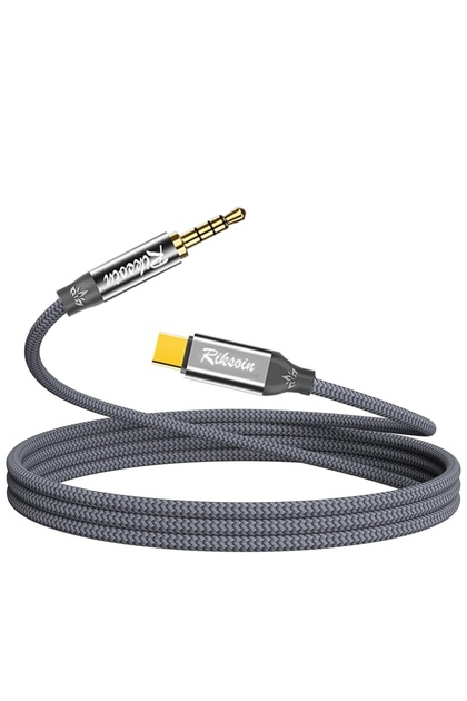 0.6m Grey Riksoin Type-C to 3.5mm TRRS Audio Cable, AUX to USB-C, 5D Stereo, Ultra-Light, Durable, w