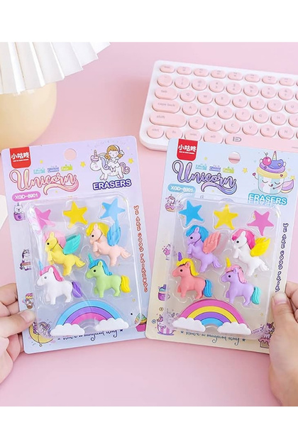 Yeni Sezon 3D Sevimli Unicorn Temalı Figürlü Silgi Seti - Özel Kutulu İz Bırakmaz Silgi 8'li 1 Paket