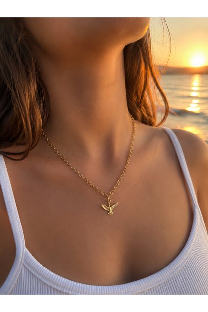 Women's Laser Oval Ring Chain and Angel Pendant Steel Necklace