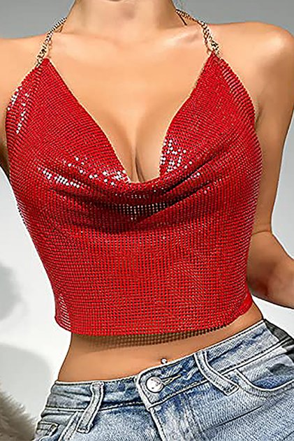 Women's Red Metal Chain Mesh Crop Top – Shiny Metal Mesh Degaje Collar Strap Party, Festival, and Night Club Combination Top
