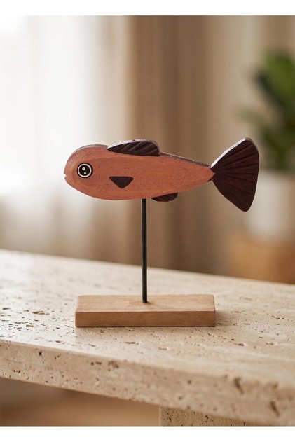 Retro Ahşap Balık Figürlü Masaüstü Obje 14 cm